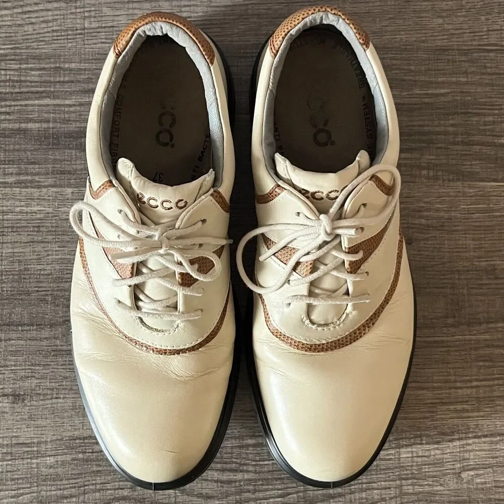 ECCO Gore-Tex Leather Golf Shoes Cream Brown Spiked Waterproof EU 37 US‎ 6-6.5